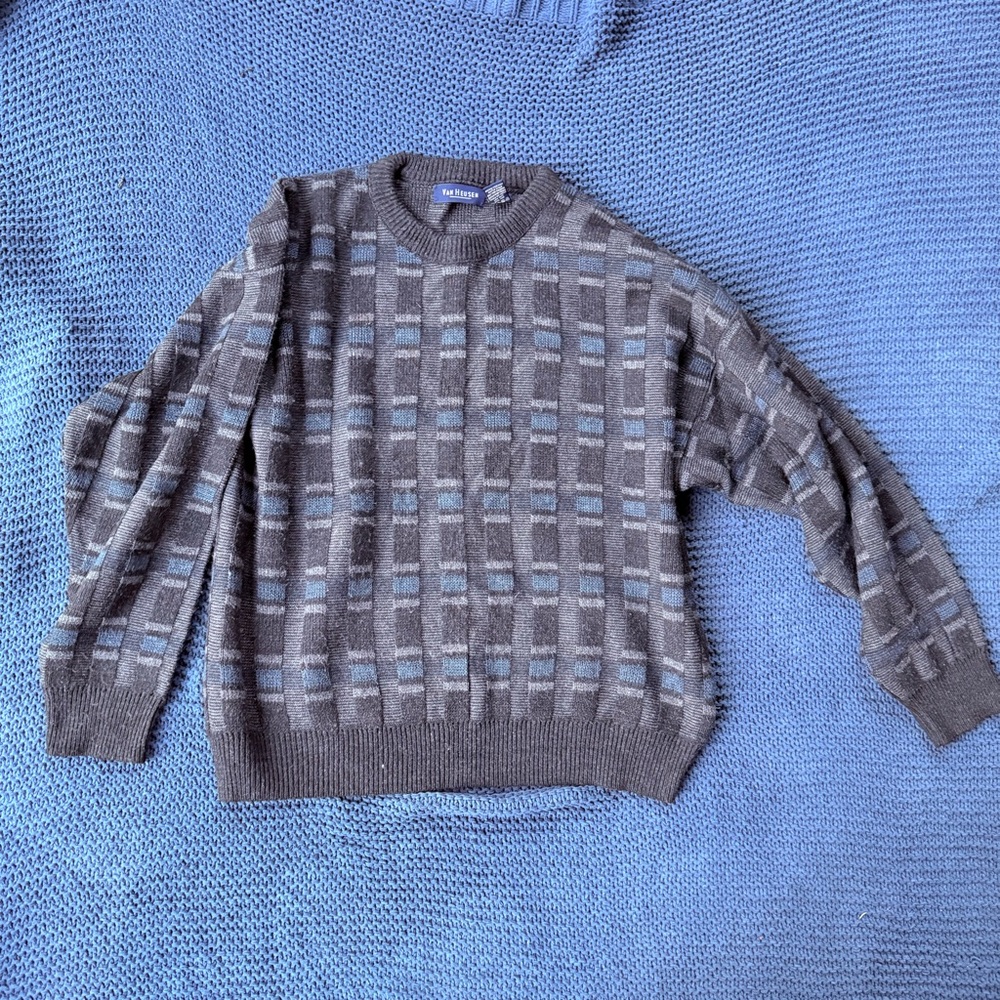 Vintage 90s Van Heusen Crew Neck Sweater Size L Grandpa Grunge Academia Plaid